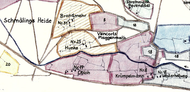 Lage des Hofes Obloh in Blankenhagen im Kartenbild der Gütersloher Katasterkarte von 1822